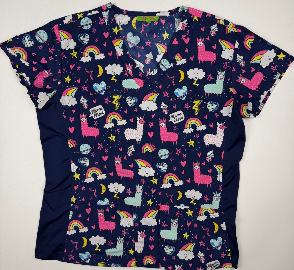 Green Town Llama Love Scrub Top Navy Rainbow Print Womens Small